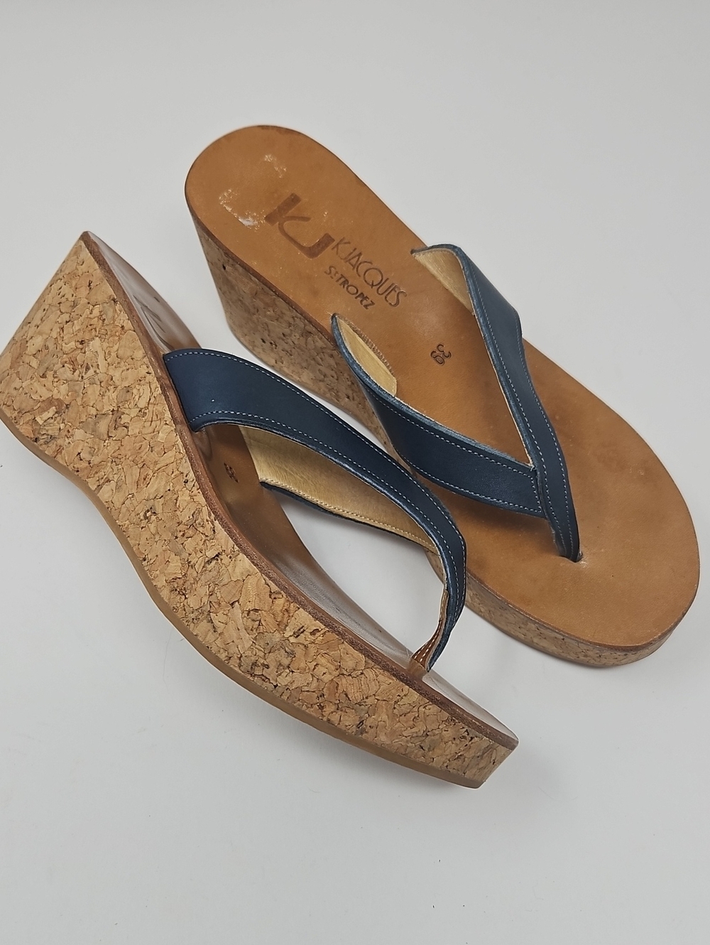 K Jacques Navy Blue Cork Wedge Thong Sandals Size 8.5